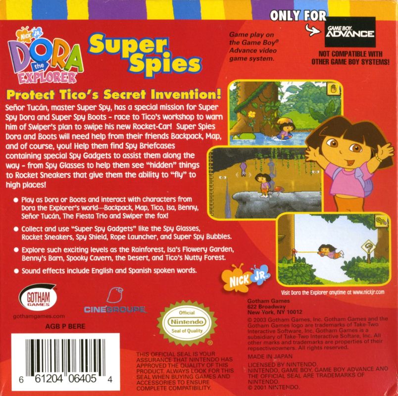 
Dora the Explorer: Super Spies | Game Boy Advance | back cover | Data by MobyGames.com