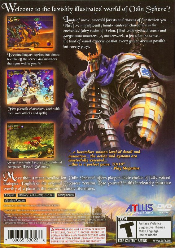 Odin Sphere | PlayStation 2 | back cover | region=North America | source-country=United States | zypher-v2 | moby-73c3a115c0b0 | Data by MobyGames.com