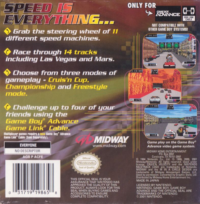 Cruis'n Velocity | Game Boy Advance | back cover | Data by MobyGames.com