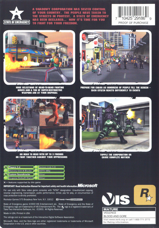 
State of Emergency | Xbox | back cover | Data by MobyGames.com