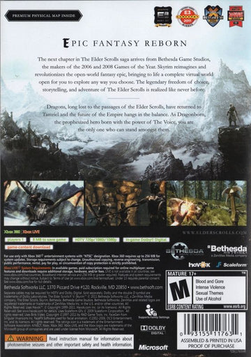 The Elder Scrolls V: Skyrim | Xbox 360 | back cover | region=North America | source-country=United States | zypher-v2 | moby-95176005a8fa | Data by MobyGames.com