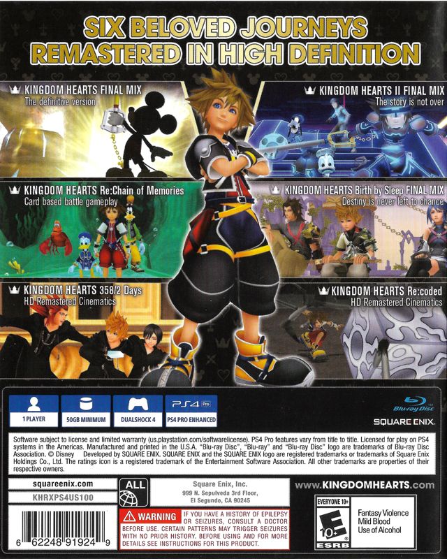 
Kingdom Hearts HD I.5 + II.5 ReMIX | PlayStation 4 | back cover | Region: North America | source-country=United States | Data by MobyGames.com