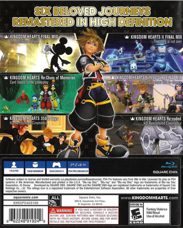 
Kingdom Hearts HD I.5 + II.5 ReMIX | PlayStation 4 | back cover | Region: North America | source-country=United States | Data by MobyGames.com