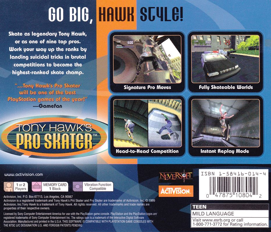 Tony Hawk's Pro Skater | PlayStation | back cover | region=North America | source-country=United States | zypher-v2 | moby-4ee78abd8823 | Data by MobyGames.com
