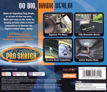Tony Hawk's Pro Skater | PlayStation | back cover | region=North America | source-country=United States | zypher-v2 | moby-4ee78abd8823 | Data by MobyGames.com