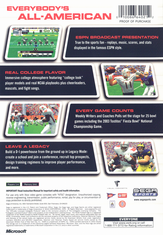 
NCAA College Football 2K3 | Xbox | back cover | Data by MobyGames.com