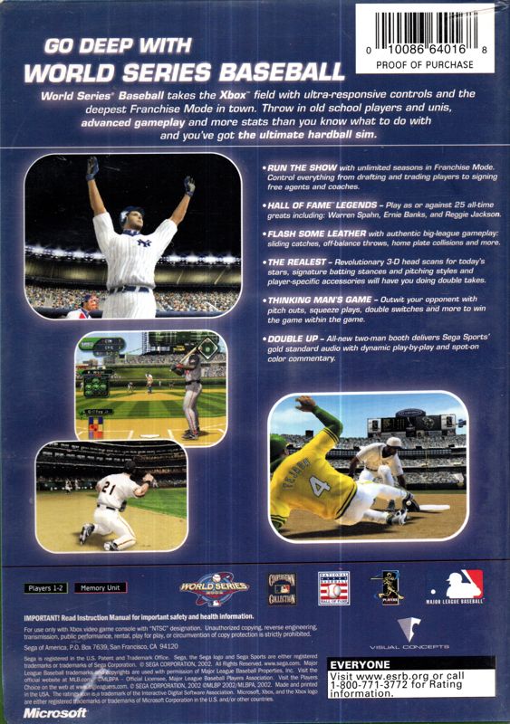World Series Baseball | Xbox | back cover | Region: North America | source-country=Canada,United States | Data by MobyGames.com