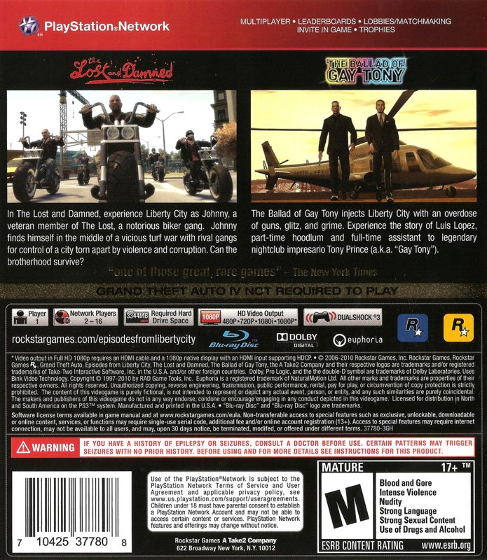 Grand Theft Auto: Episodes from Liberty City | PlayStation 3 | back cover | region=North America | source-country=United States | zypher-v2 | moby-38c9f90a4100 | Data by MobyGames.com