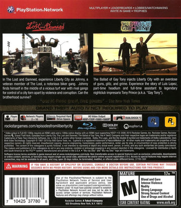 Grand Theft Auto: Episodes from Liberty City | PlayStation 3 | back cover | region=North America | source-country=United States | zypher-v2 | moby-38c9f90a4100 | Data by MobyGames.com