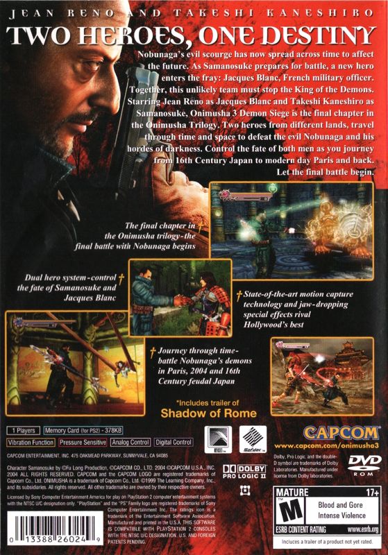 
Onimusha 3: Demon Siege | PlayStation 2 | back cover | Data by MobyGames.com