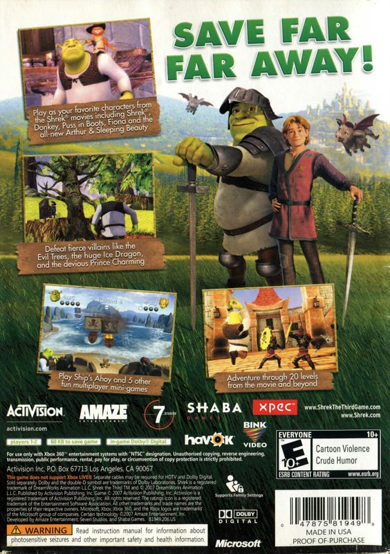 Shrek the Third | Xbox 360 | back cover | region=North America | source-country=United States | zypher-v2 | moby-bd996bd25a4d | Data by MobyGames.com