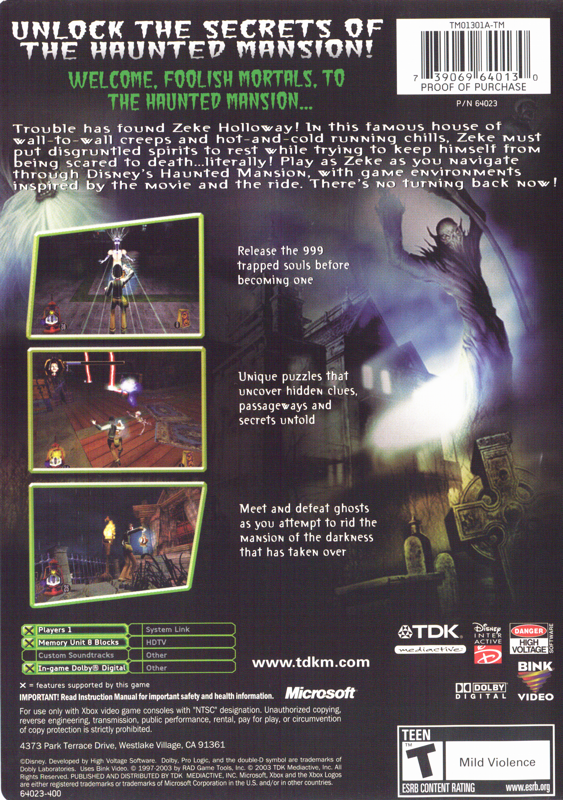 
Disney's The Haunted Mansion | Xbox | back cover | Data by MobyGames.com