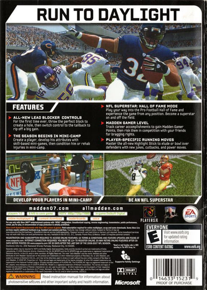 Madden NFL 07 | Xbox 360 | back cover | region=North America | source-country=United States | zypher-v2 | moby-239d132d64c1 | Data by MobyGames.com