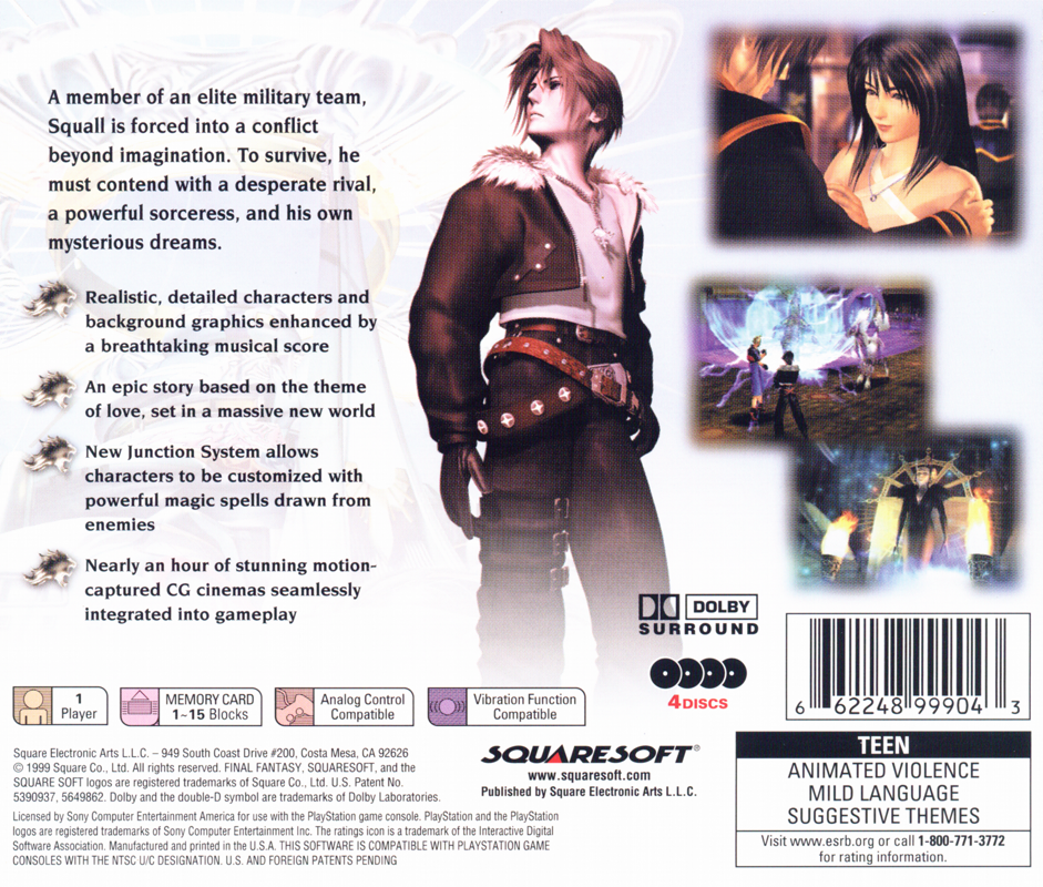 Final Fantasy VIII | PlayStation | back cover | Region: North America | source-country=Canada,United States | Data by MobyGames.com