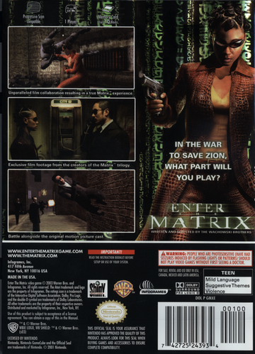 Enter the Matrix | GameCube | back cover | region=North America | source-country=United States | zypher-v2 | moby-8592a81947c4 | Data by MobyGames.com