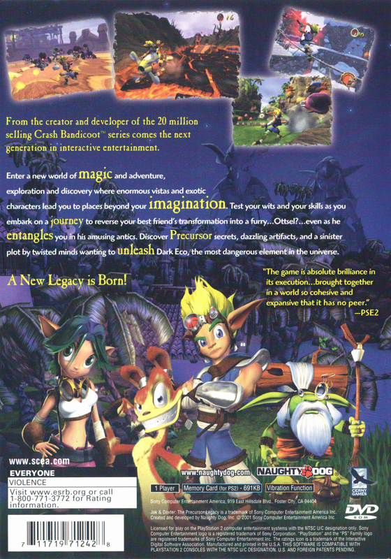 
Jak and Daxter: The Precursor Legacy | PlayStation 2 | back cover | Region: North America | source-country=Canada,United States | Data by MobyGames.com