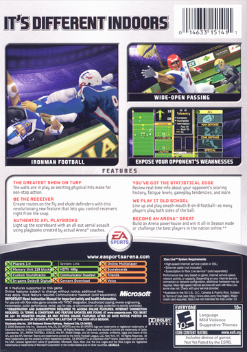 Arena Football | Xbox | back cover | region=North America | source-country=United States | zypher-v2 | moby-d8e1b9a131e5 | Data by MobyGames.com