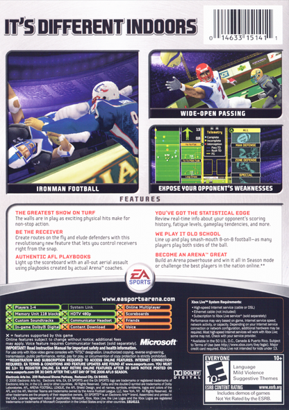 Arena Football | Xbox | back cover | region=North America | source-country=United States | zypher-v2 | moby-d8e1b9a131e5 | Data by MobyGames.com