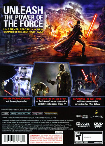 Star Wars: The Force Unleashed | PlayStation 2 | back cover | region=North America | source-country=Canada,United States | zypher-v2 | moby-7591d49263e1 | Data by MobyGames.com