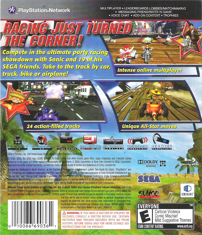
Sonic & SEGA All-Stars Racing | PlayStation 3 | back cover | Data by MobyGames.com