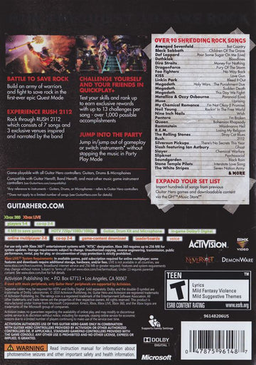 Guitar Hero: Warriors of Rock | Xbox 360 | back cover | region=North America | source-country=United States | zypher-v2 | moby-77ffa33a835d | Data by MobyGames.com