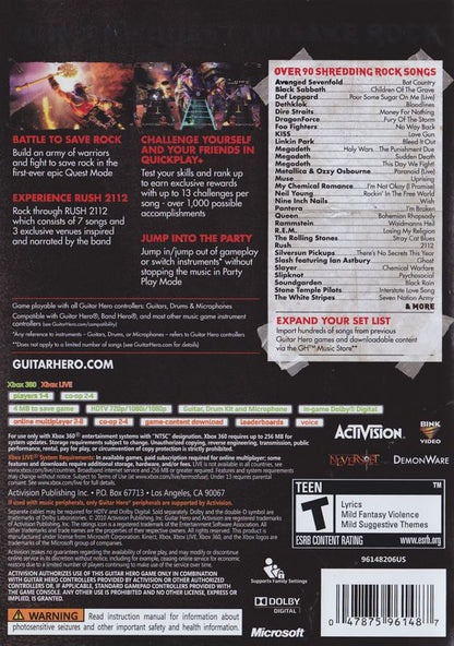 Guitar Hero: Warriors of Rock | Xbox 360 | back cover | region=North America | source-country=United States | zypher-v2 | moby-77ffa33a835d | Data by MobyGames.com