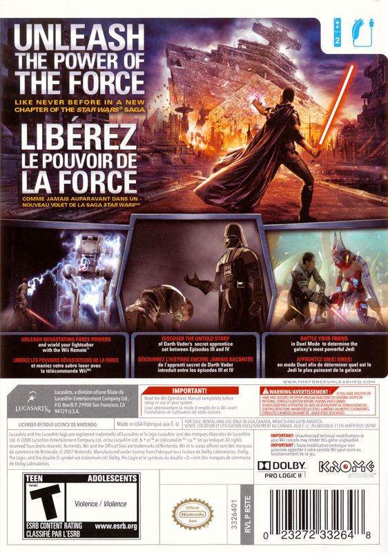 Star Wars: The Force Unleashed | Wii | back cover | region=North America | source-country=Canada,Mexico,Other,United States | zypher-v2 | moby-a81075e64128 | Data by MobyGames.com