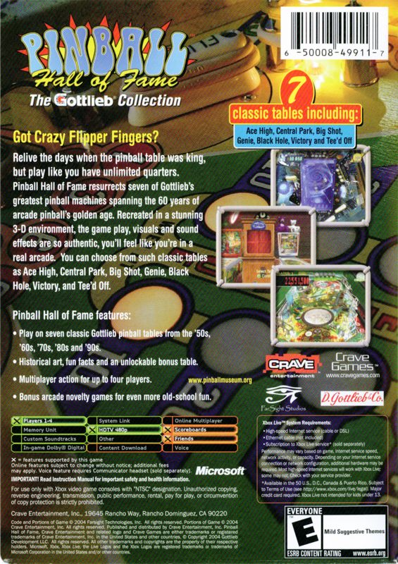 
Pinball Hall of Fame: The Gottlieb Collection | Xbox | back cover | Data by MobyGames.com