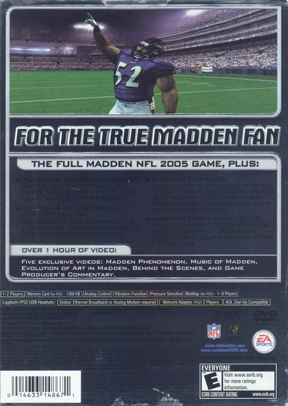 Madden NFL 2005 (Collector's Edition) | PlayStation 2 | back cover | region=North America | source-country=United States | zypher-v2 | moby-87597fa0af73 | Data by MobyGames.com