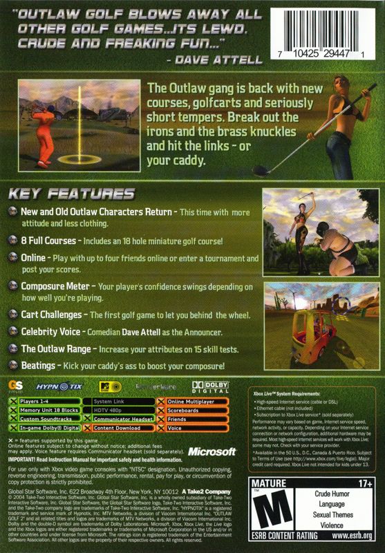 Outlaw Golf 2 | Xbox | back cover | region=North America | source-country=United States | zypher-v2 | moby-20195a323a20 | Data by MobyGames.com