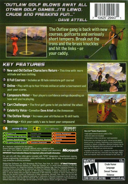 Outlaw Golf 2 | Xbox | back cover | region=North America | source-country=United States | zypher-v2 | moby-20195a323a20 | Data by MobyGames.com