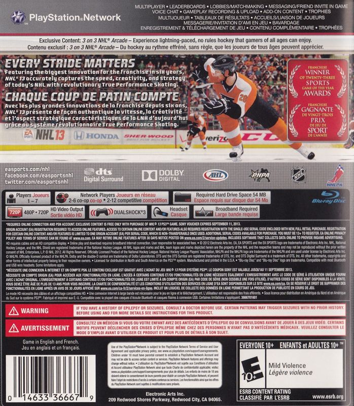 NHL 13 | PlayStation 3 | back cover | region=North America | source-country=Canada | zypher-v2 | moby-3da681d73929 | Data by MobyGames.com