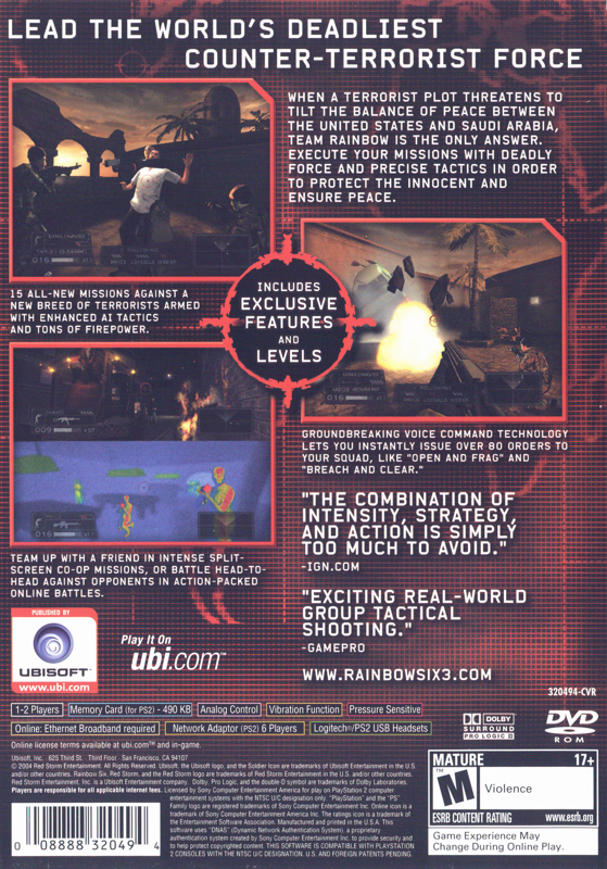 
Tom Clancy's Rainbow Six 3 | PlayStation 2 | back cover | Data by MobyGames.com
