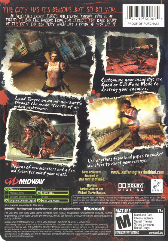 
The Suffering: Ties That Bind | Xbox | back cover | Region: North America | source-country=United States | Data by MobyGames.com