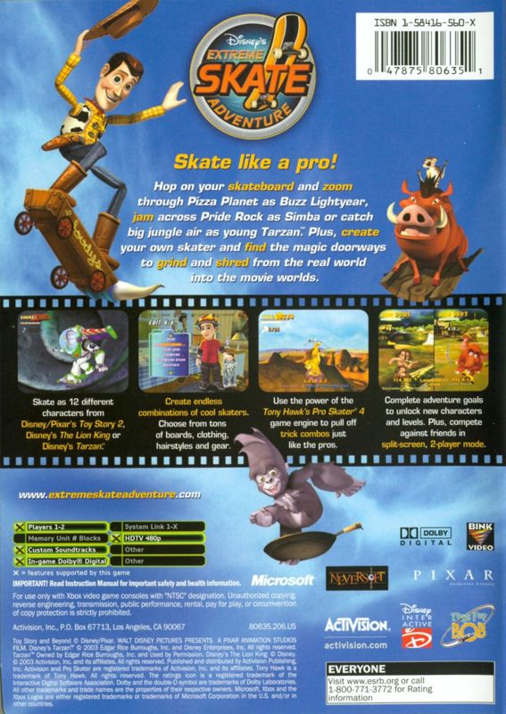
Disney's Extreme Skate Adventure | Xbox | back cover | Region: North America | source-country=United States | Data by MobyGames.com