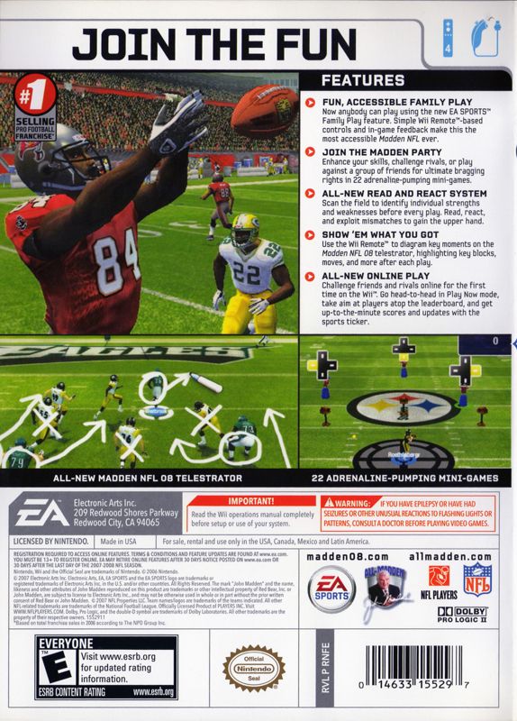 Madden NFL 08 | Wii | back cover | region=North America | source-country=United States | zypher-v2 | moby-156c7c6b735c | Data by MobyGames.com