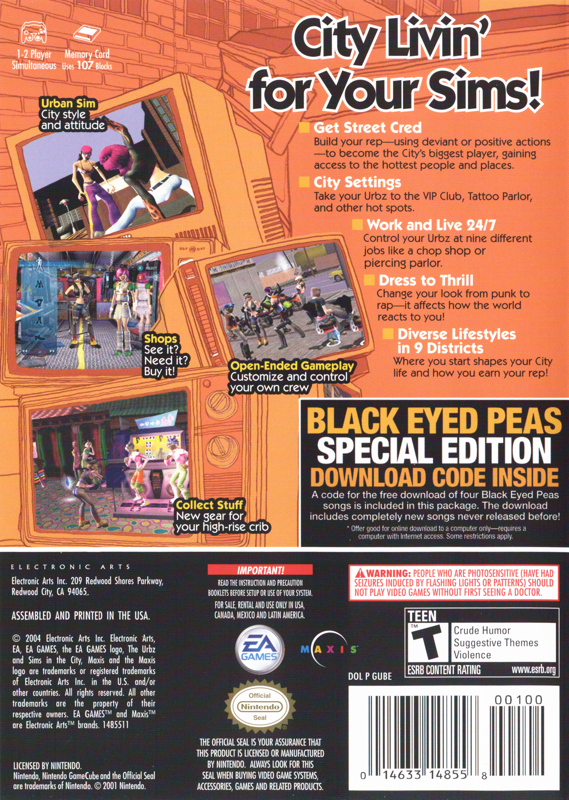 The Urbz: Sims in the City | GameCube | back cover | region=North America | source-country=United States | zypher-v2 | moby-51f9f43db016 | Data by MobyGames.com