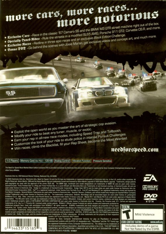 Need for Speed: Most Wanted (Black Edition) | PlayStation 2 | back cover | region=North America | source-country=Canada,United States | zypher-v2 | moby-c3400af3e6a1 | Data by MobyGames.com