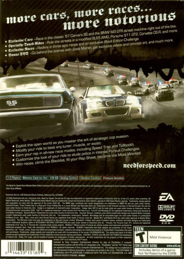Need for Speed: Most Wanted (Black Edition) | PlayStation 2 | back cover | region=North America | source-country=Canada,United States | zypher-v2 | moby-c3400af3e6a1 | Data by MobyGames.com