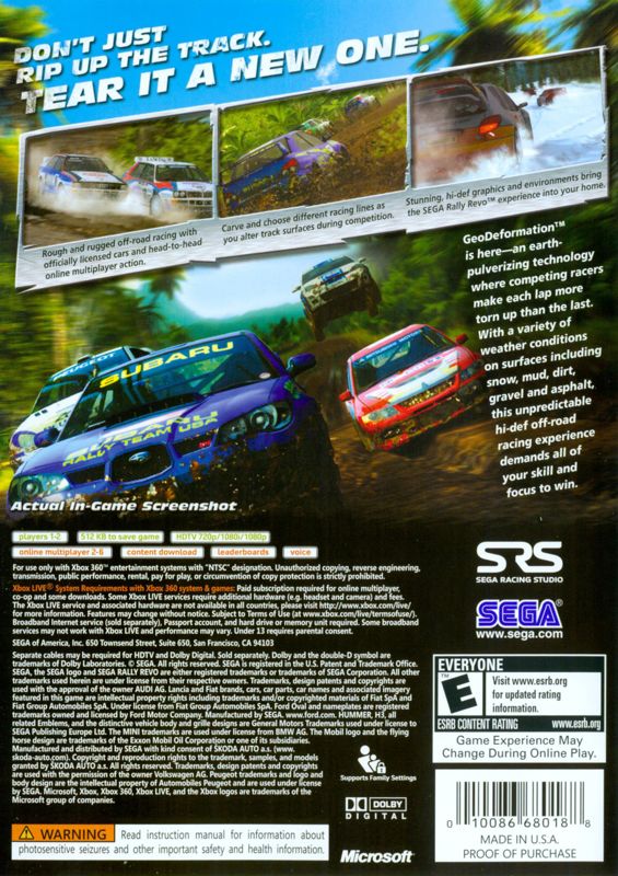 
SEGA Rally Revo | Xbox 360 | back cover | Region: North America | source-country=United States | Data by MobyGames.com