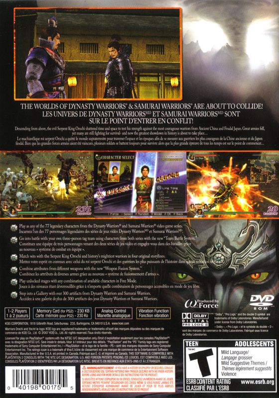 Warriors Orochi | PlayStation 2 | back cover | Region: North America | source-country=Canada,United States | Data by MobyGames.com