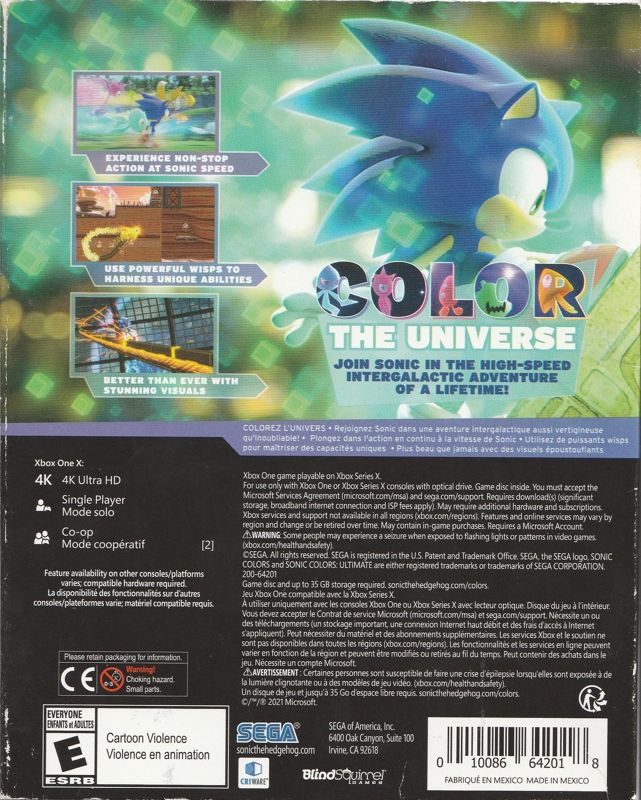 Sonic Colors: Ultimate | Xbox Series | back cover | region=North America | source-country=Canada,United States | zypher-v2 | moby-aca70c8be2de | Data by MobyGames.com