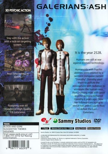 Galerians: Ash | PlayStation 2 | back cover | region=North America | source-country=United States | zypher-v2 | moby-9e6af8ea436f | Data by MobyGames.com