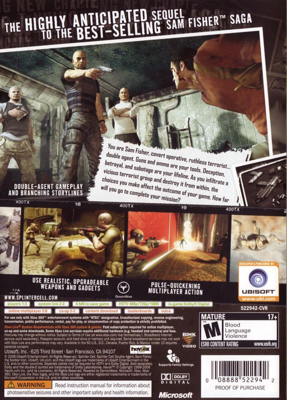 Tom Clancy's Splinter Cell: Double Agent | Xbox 360 | back cover | region=North America | source-country=Canada,United States | zypher-v2 | moby-65c3333db3c4 | Data by MobyGames.com