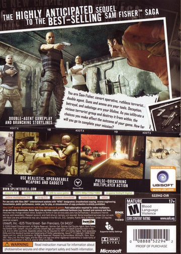 Tom Clancy's Splinter Cell: Double Agent | Xbox 360 | back cover | region=North America | source-country=Canada,United States | zypher-v2 | moby-65c3333db3c4 | Data by MobyGames.com
