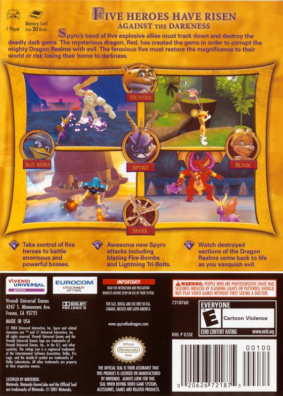 Spyro: A Hero's Tail | GameCube | back cover | Region: North America | source-country=Canada,Mexico,Other,United States | Data by MobyGames.com