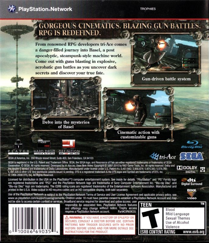 
Resonance of Fate | PlayStation 3 | back cover | Data by MobyGames.com