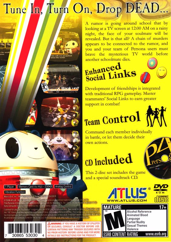 Shin Megami Tensei: Persona 4 | PlayStation 2 | back cover | Region: North America | source-country=United States | Data by MobyGames.com