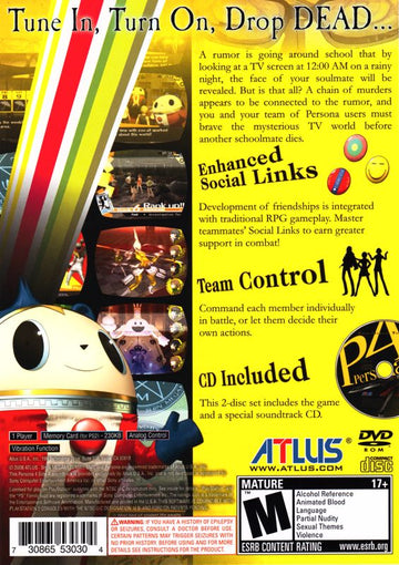 
Shin Megami Tensei: Persona 4 | PlayStation 2 | back cover | Region: North America | source-country=United States | Data by MobyGames.com