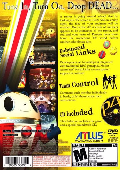 
Shin Megami Tensei: Persona 4 | PlayStation 2 | back cover | Region: North America | source-country=United States | Data by MobyGames.com